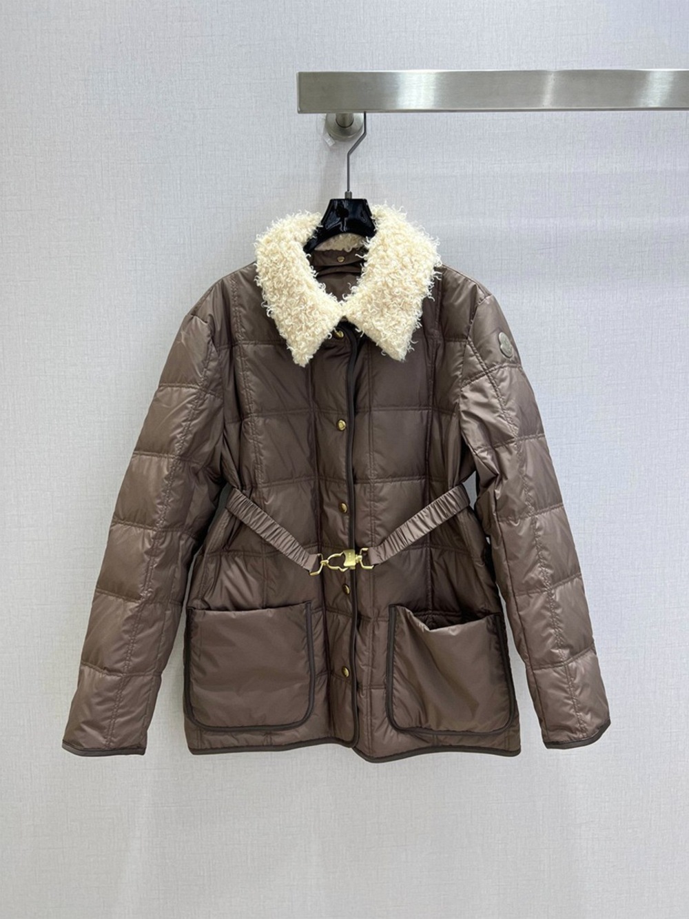 Moncler Taupe Quilted Puffer Jacket Curly Shearling Collar Belted